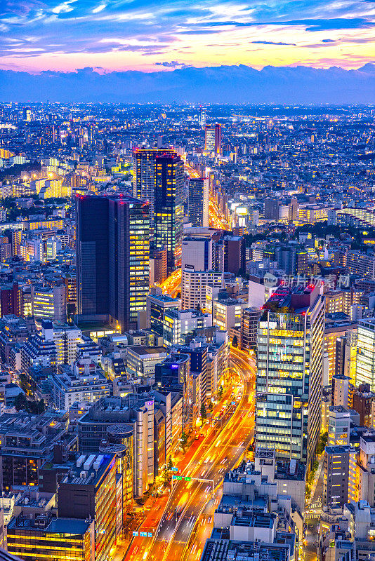 夜间的东京商业区和住宅区。摩天大楼观景台的高架景观