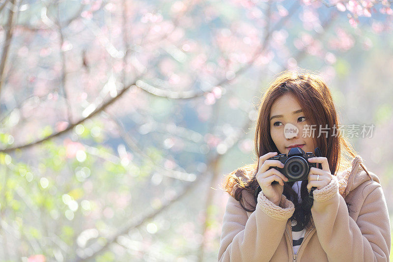 一名亚洲女子在樱花园拿着相机