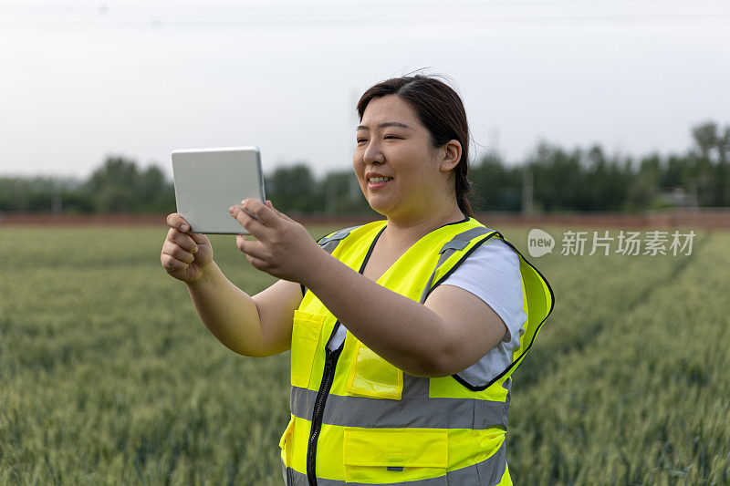 一位女农民手里拿着一块碑，站在一片广阔的绿色麦田里