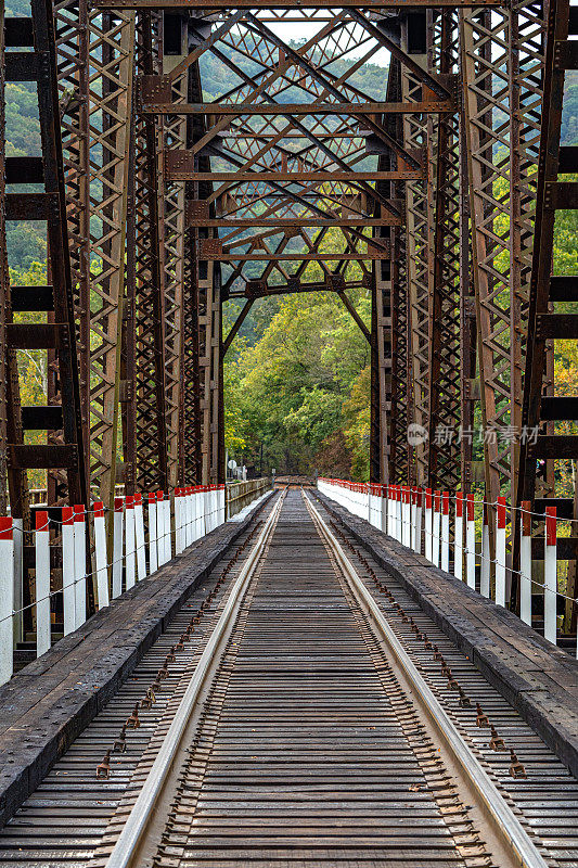在美国西弗吉尼亚州阿巴拉契亚山脉的秋季，通往新河峡谷国家公园历史悠久的瑟蒙德的铁路。