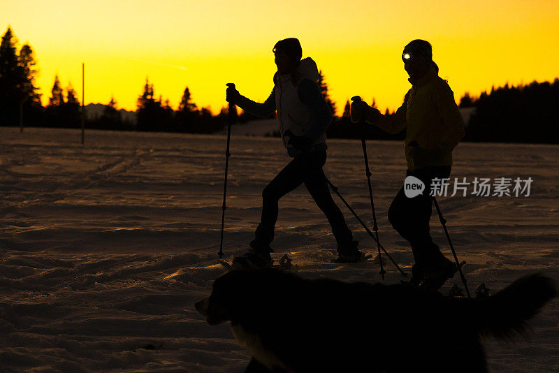 两名女滑雪者带着伯尔尼山的宠物狗在雪坡上散步