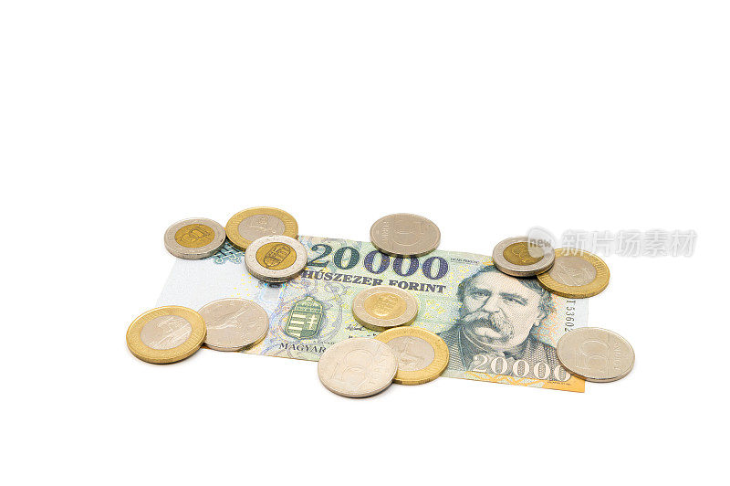 20000匈牙利福林纸币与匈牙利福林硬币隔离在白色背景