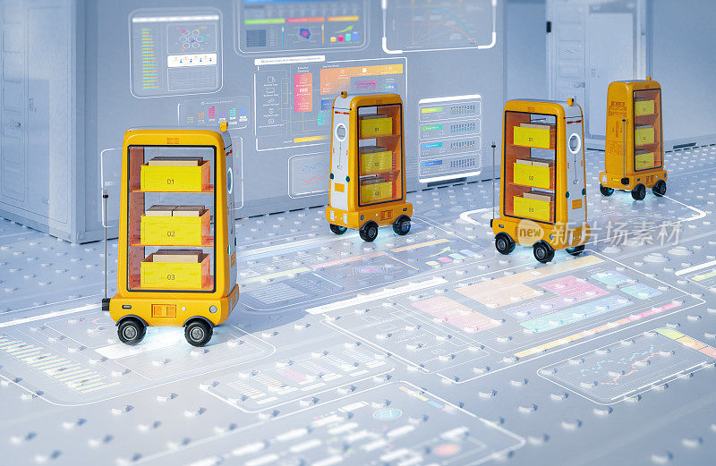 送货机器人手推车或机器人助手搬运产品