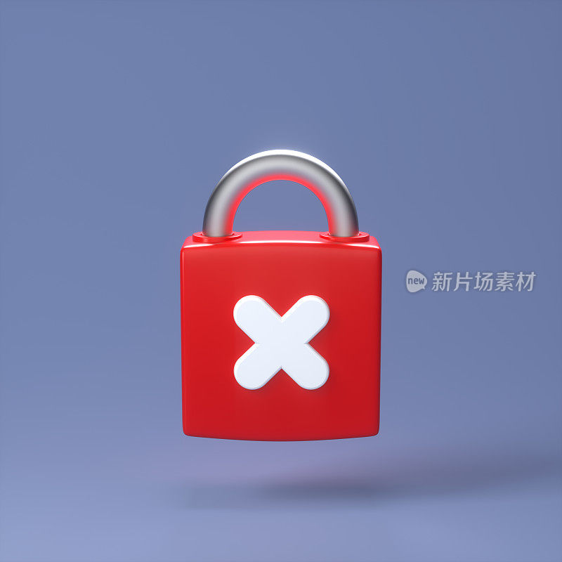红色锁定挂锁图标与白色取消交叉符号隔离在紫色背景。卡通极简主义风格。安全的概念。