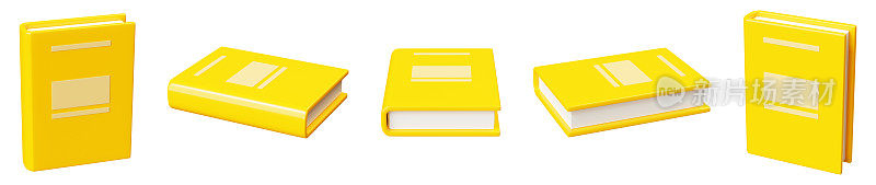 合上黄色硬皮的纸质书，躺着和站在不同的角度。三维渲染
