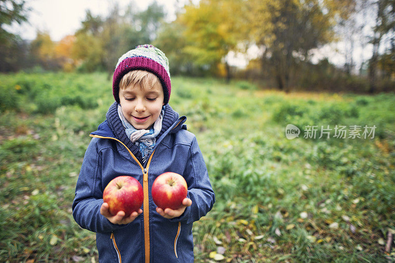 小男孩拿着秋天的苹果