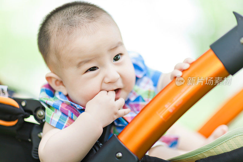 草坪上的婴儿车里的小男孩