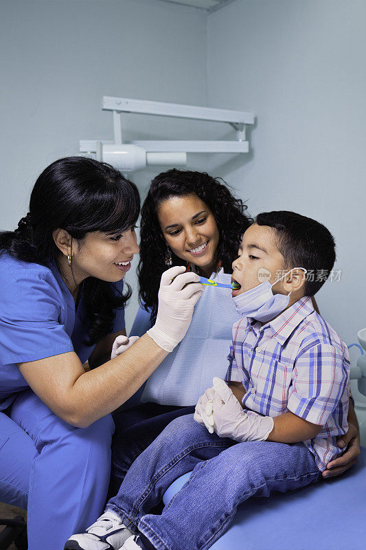 牙医教儿童病人使用牙刷