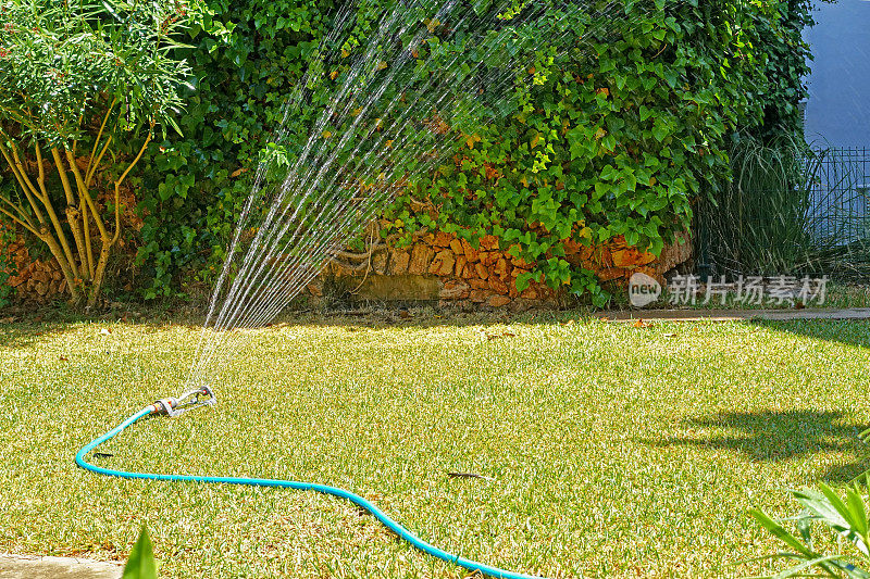 庭园喷灌系统在阳光下浇注
