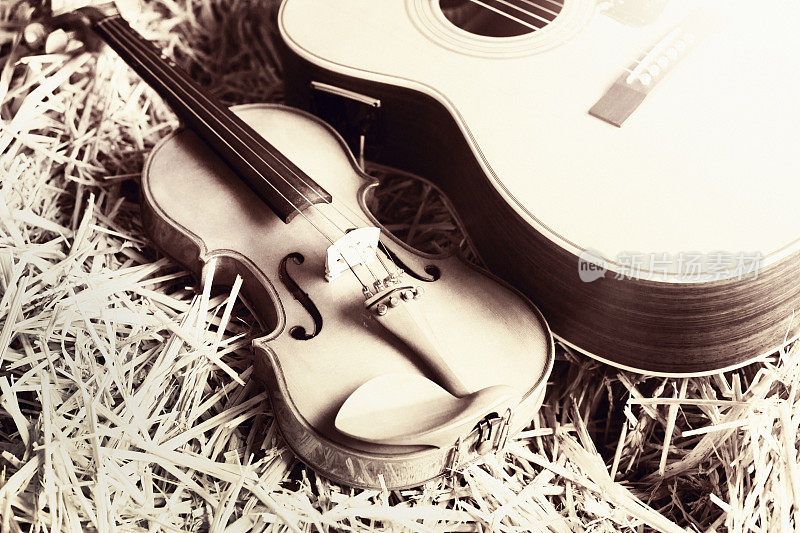 小提琴和吉他躺在稻草上