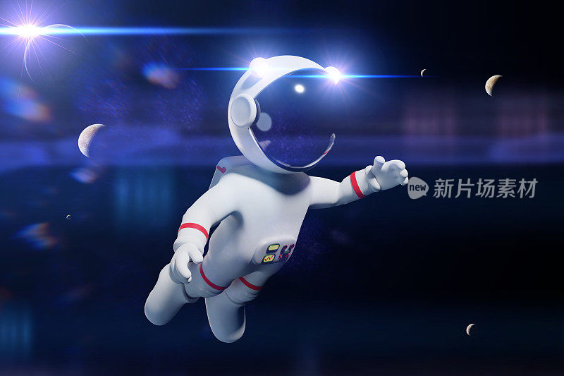 卡通宇航员角色在白色太空服在前面的行星和卫星(3d渲染)