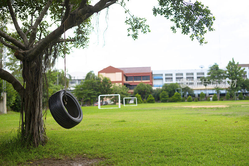 树下挂着橡胶轮胎，背景是模糊的足球场。