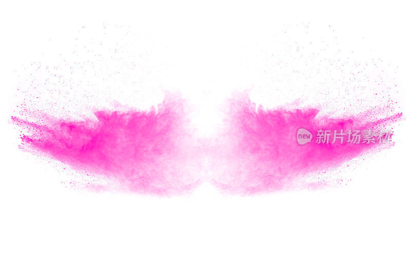 粉红色粉末爆炸云孤立在白色背景上。背景上的粉红色尘埃颗粒飞溅的特写。