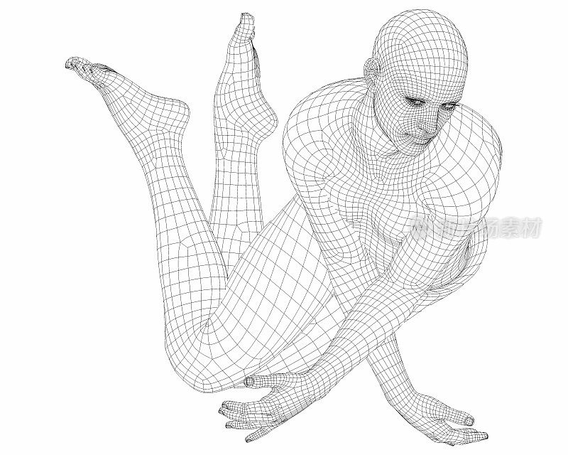一个线框男性半机械人的3D渲染。