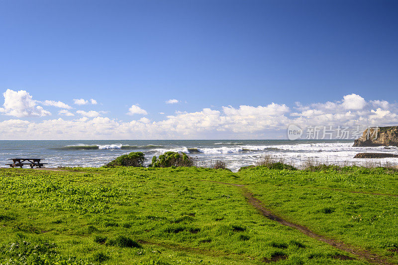 野餐长椅俯瞰沿着加利福尼亚海岸的海滩