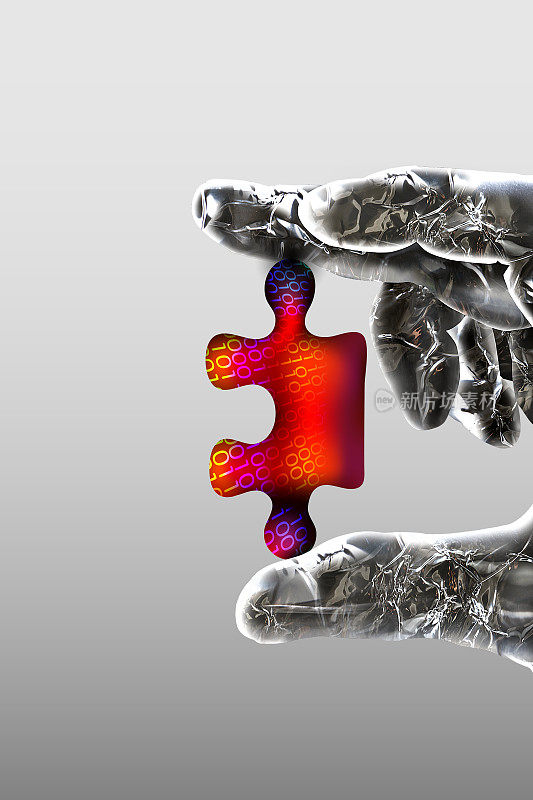 一只机械人的手和二进制代码可以用你的指尖抓取拼图。