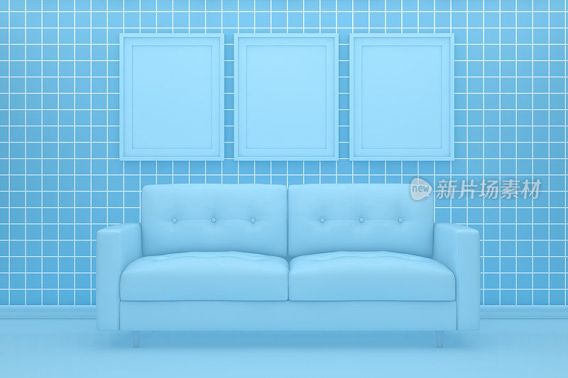 空客厅，空沙发，空框架与格子蓝墙