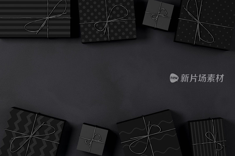 黑色礼盒与黑色缎带最小的3d设计黑色背景，黑色星期五的概念