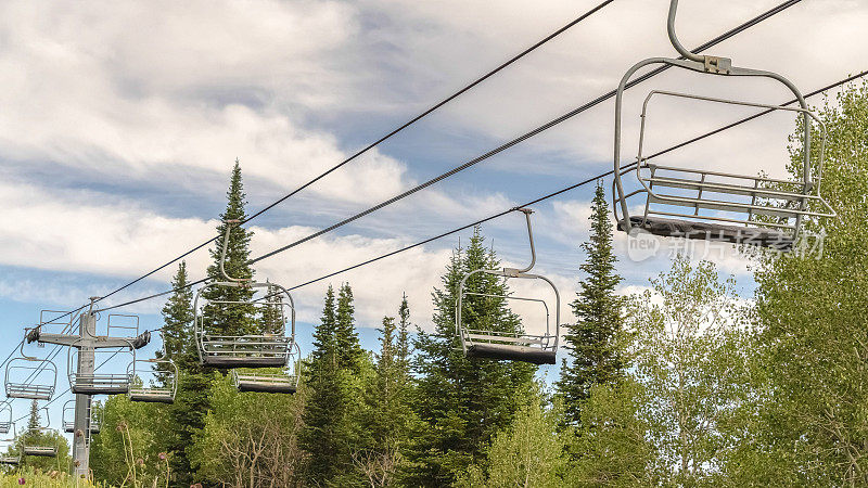 全景图缆车缆线，在夏季的滑雪胜地覆盖绿化