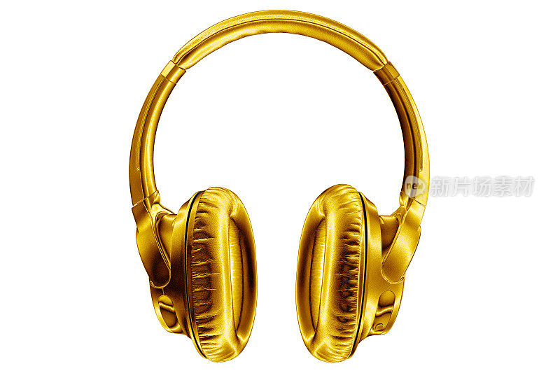 金色闪亮的无线耳机白色背景隔离特写，昂贵的金色金属蓝牙耳机，现代高端wi-fi黄色耳机，音频音乐符号，立体声音响电子标志