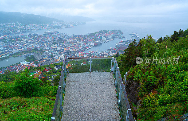 卑尔根和海港的全景从佛罗延山，卑尔根，挪威。