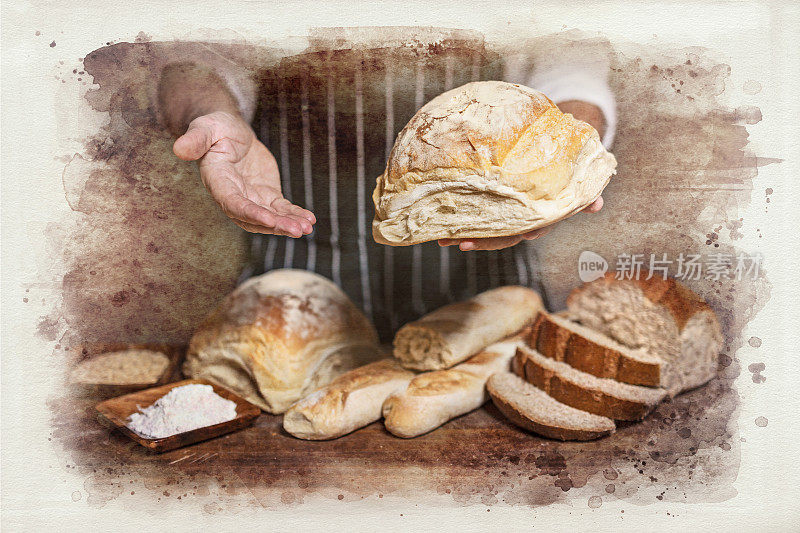 面包师在面包店的木桌上展示面包