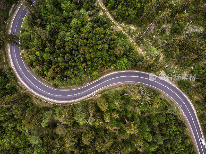 高山森林和蜿蜒的道路(鸟瞰图)