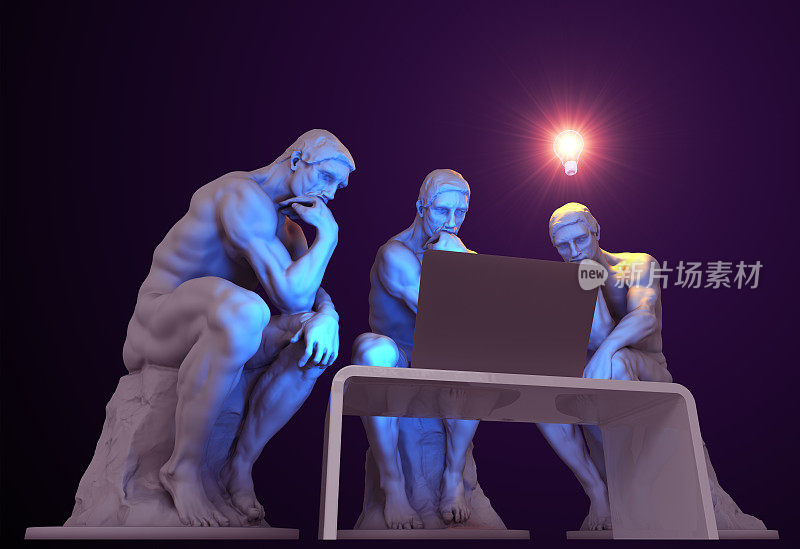三个思想家带着一台电脑，其中一个头顶上有一个发光的灯泡，作为新思想的象征