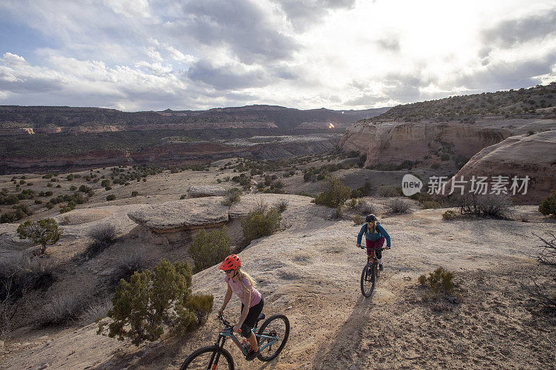 女山地自行车手在早上沿着沙漠小径骑行