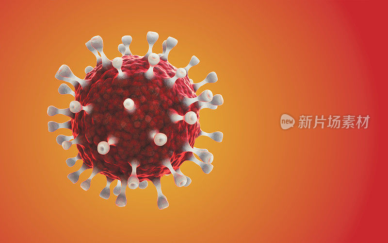 红色冠状病毒细胞肖像与白色蛋白冠状，分离在红色和黄色背景。