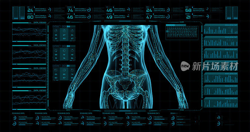 未来医疗程序的hud界面是具有数字三维核磁共振可视化的控制面板，可以详细研究关节、脊柱、肌肉、软组织的状况。