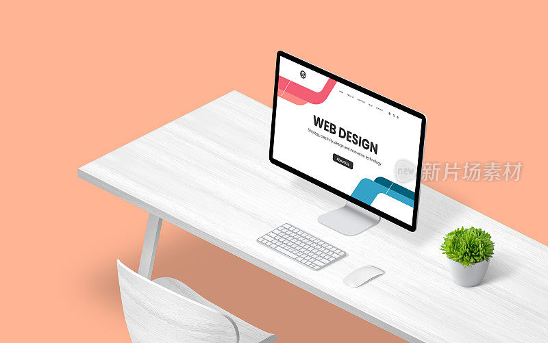 网页设计概念页电脑显示。平面设计的网页。工作台的等距视图