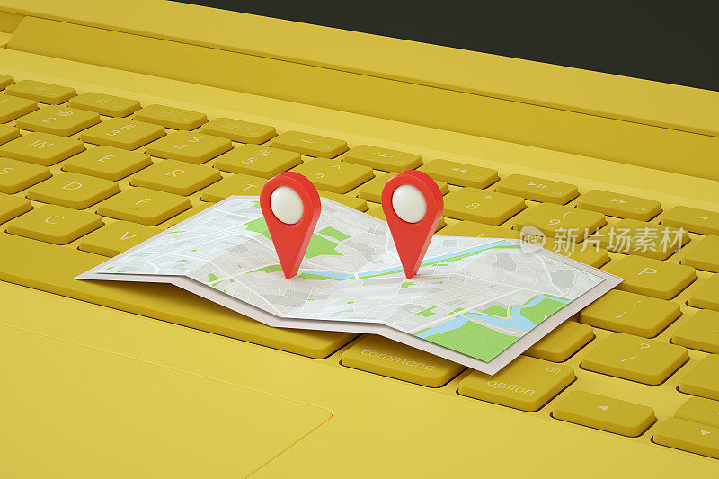3D导航地图指针，笔记本电脑上的标记针，旅游目的地