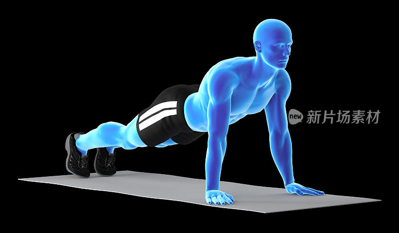 一个健康的人的3D插图，做基本的平板支撑运动