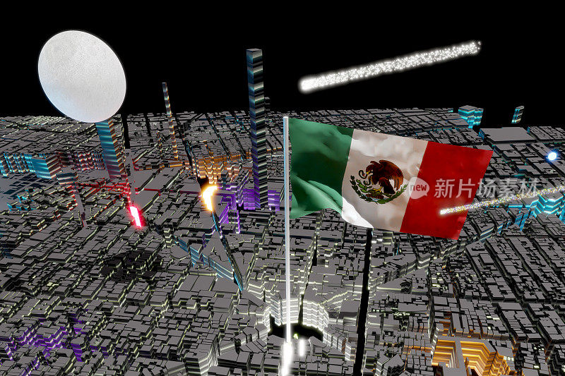 3D渲染旗帜中心符号仙人掌，鹰和蛇在9月15日的城市和烟花和月亮油漆的国家夜晚墨西哥城