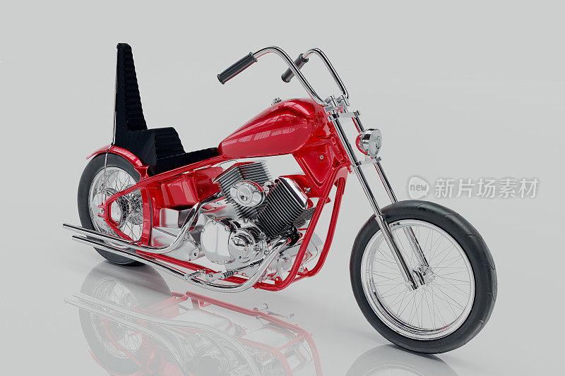 在白色背景上复古金属红色定制摩托车的3D渲染图像