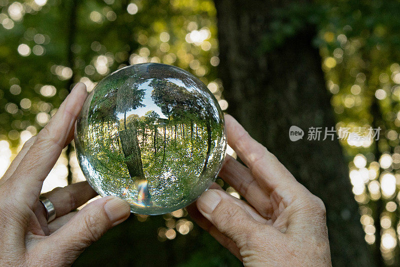 女人手里拿着一个玻璃球，反映出斯堪的纳维亚的森林、风景和球内外的自然。一个在大自然中有自然的房间。