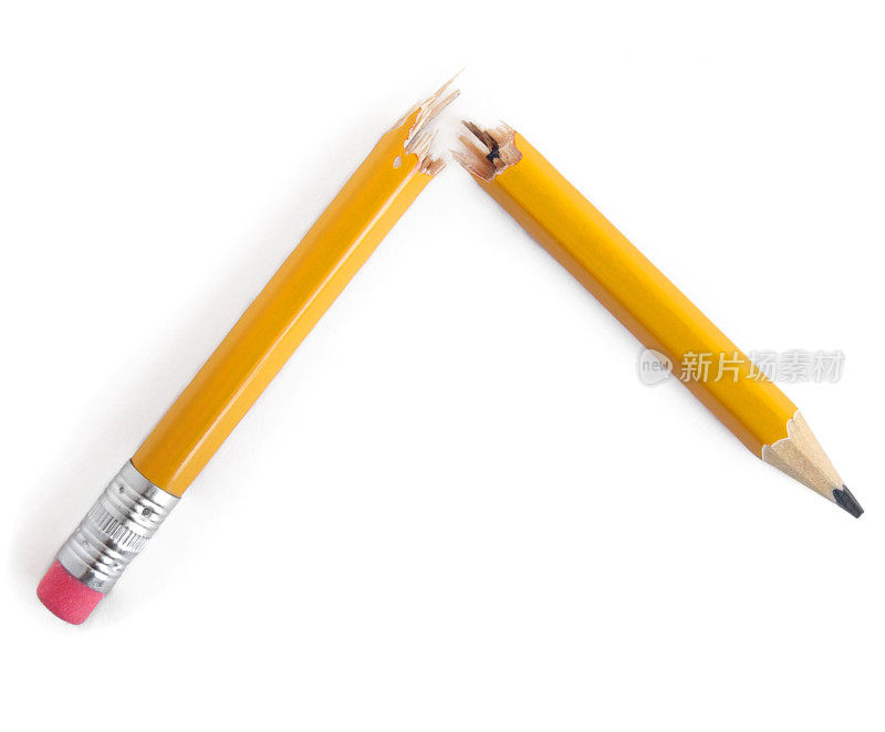 白色背景上带橡皮的断黄色铅笔