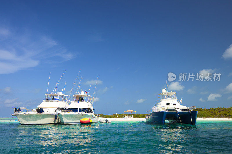 豪华游艇停泊在一个充满异国情调的热带岛屿海滩上