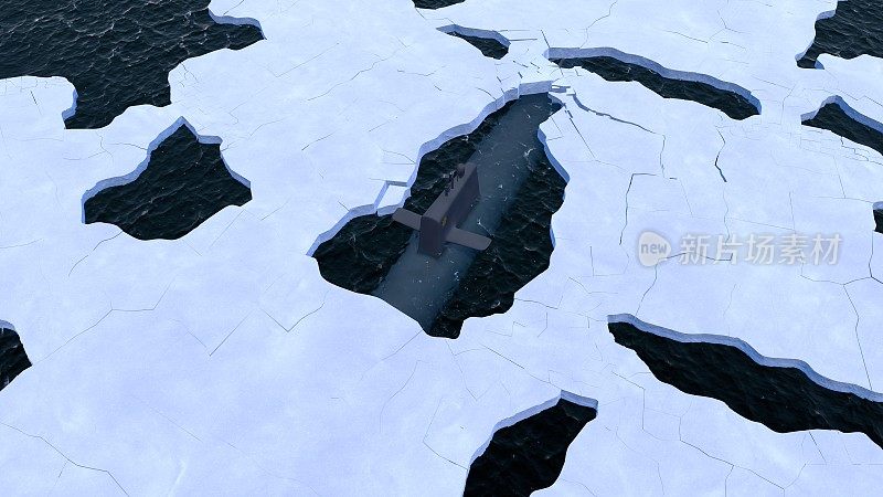 通过北极冰的潜艇表面的3D插图