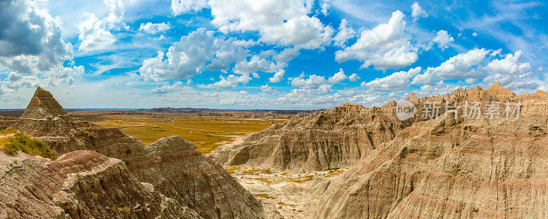 在美国南达科他州的Badlands国家公园被侵蚀岩层的全景