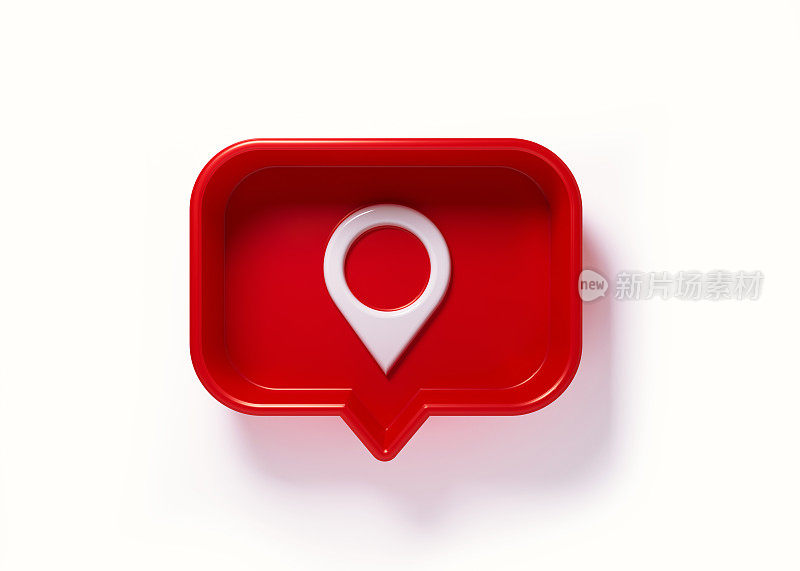 红色语音气泡与白色地图指针符号在白色背景
