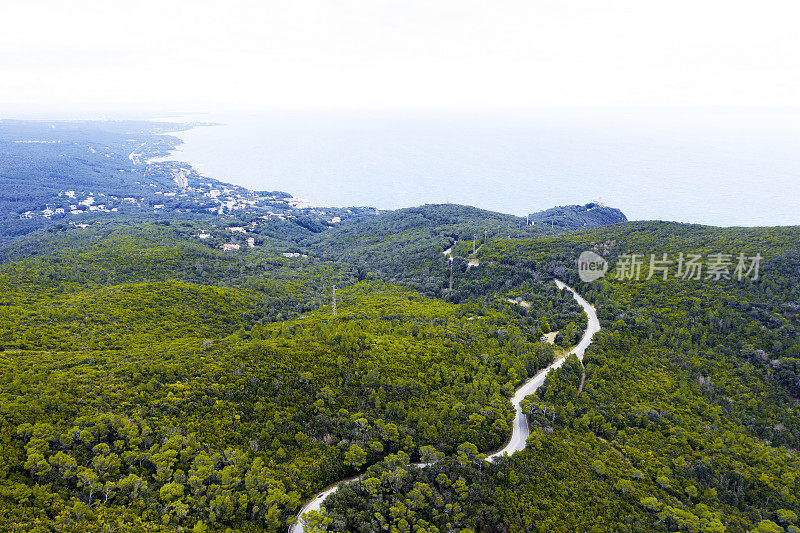 鸟瞰图的乡村公路走向大海，托斯卡纳，意大利