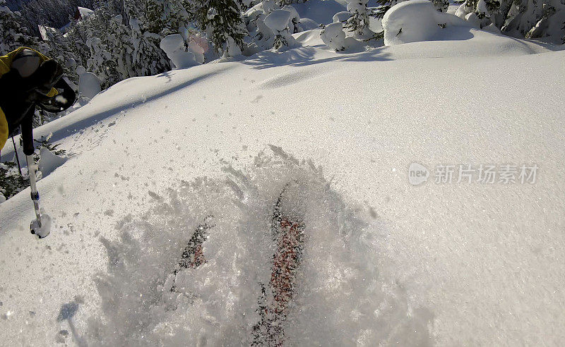 野外滑雪者骑过新粉雪的POV