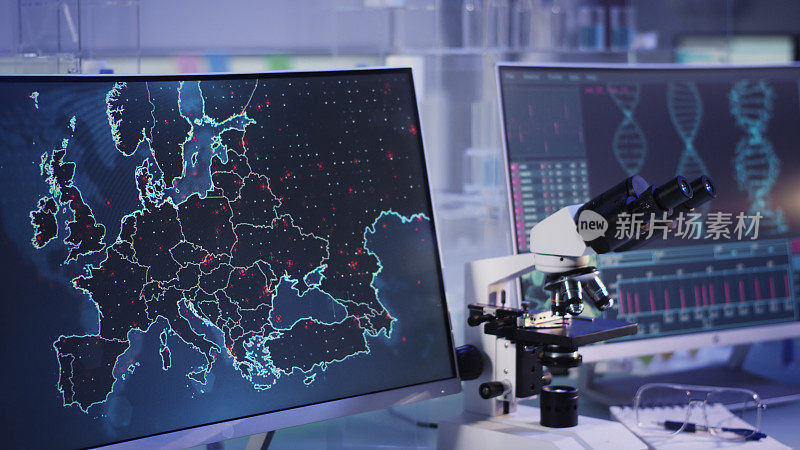 未来实验室。欧洲地图上第一次爆发疾病。扫描DNA突变