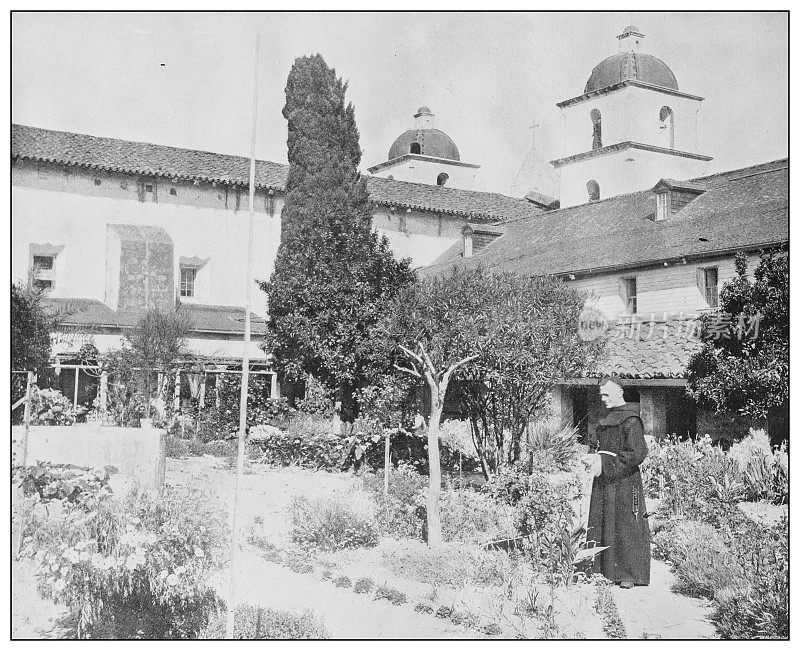 美国古董黑白照片:老教会花园，加利福尼亚