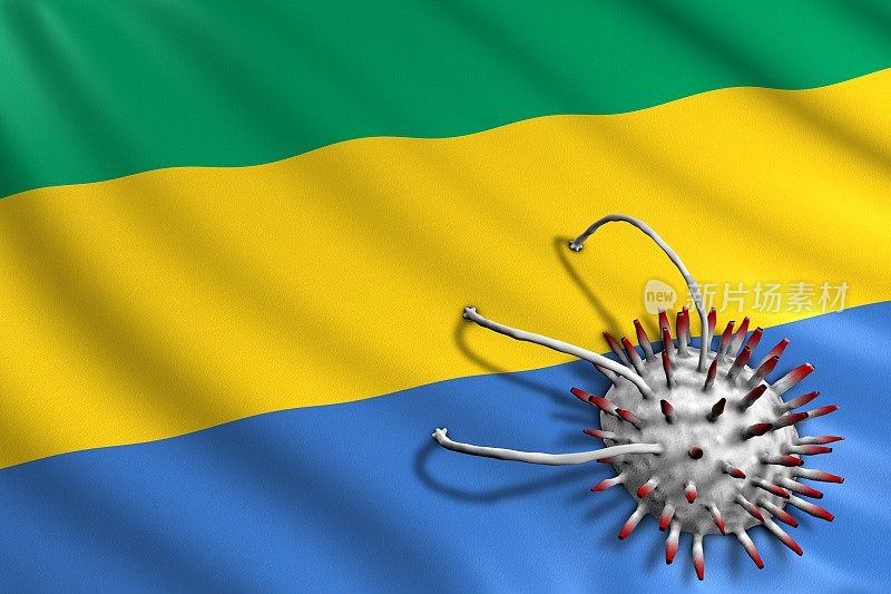加蓬国旗被Covid-19病毒袭击。大流行性冠状病毒概念