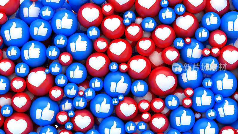 社交媒体图标背景。多彩球，心形和点赞符号。