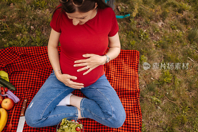 美丽的年轻孕妇坐在红毯子上享受大自然