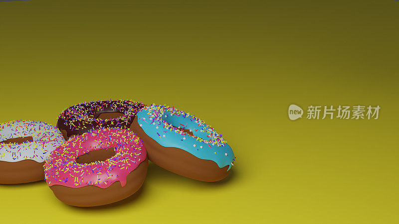 3D渲染明亮的甜甜圈在彩色釉上洒在黄色背景。明亮美味的甜甜圈，用于创建菜单设计，餐厅和咖啡馆，在线配送平台。